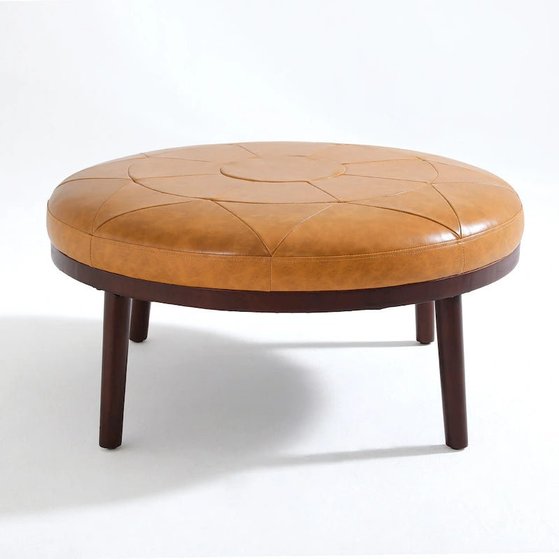 Puf de cuero de plena flor cuadrado de 34.5" con patas de madera maciza