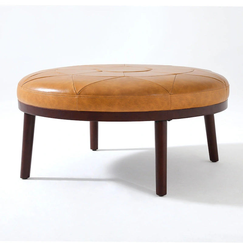 Puf de cuero de plena flor cuadrado de 34.5" con patas de madera maciza