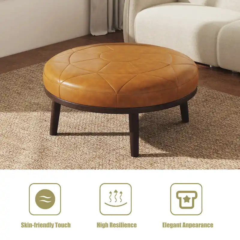 Puf de cuero de plena flor cuadrado de 34.5" con patas de madera maciza