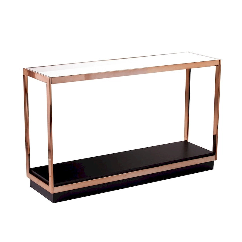 Consola moderna estrecha con tapa de cristal y estante de almacenamiento