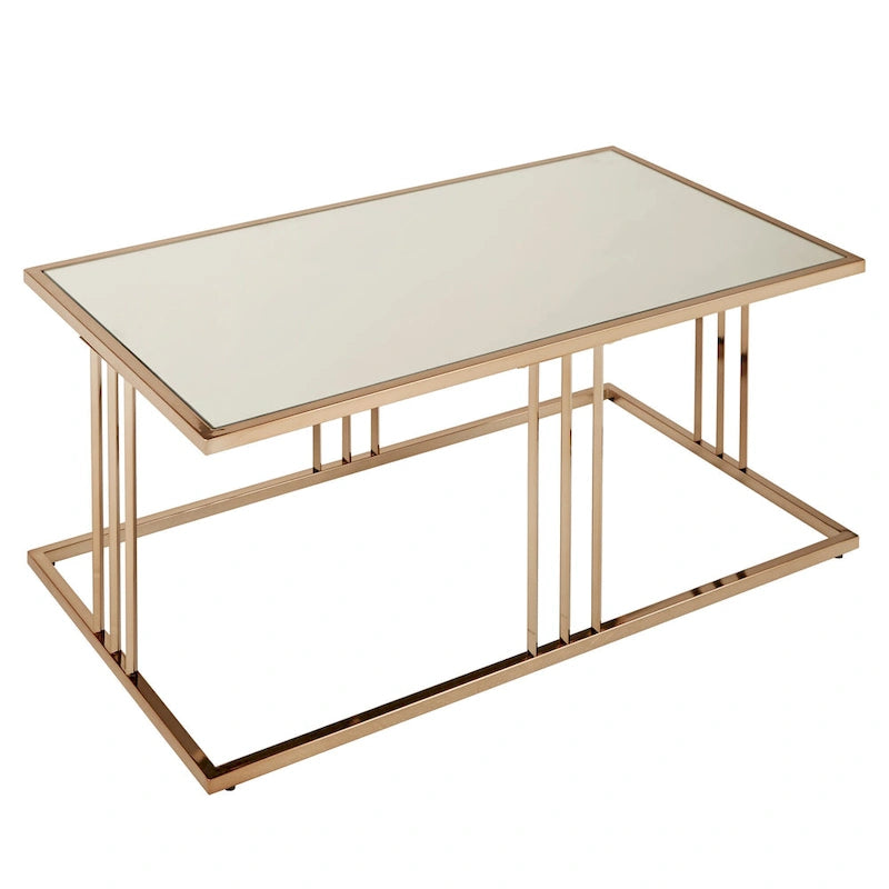 Mesa de centro con acabado dorado champán y tapa de espejo
