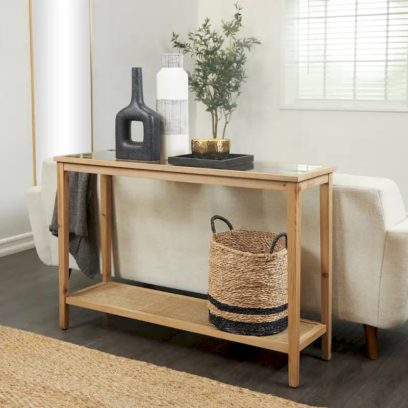 Mesa Consola Delgada de Madera con Tapa de Cristal y Estante de Ratán, 119 cm, Marrón