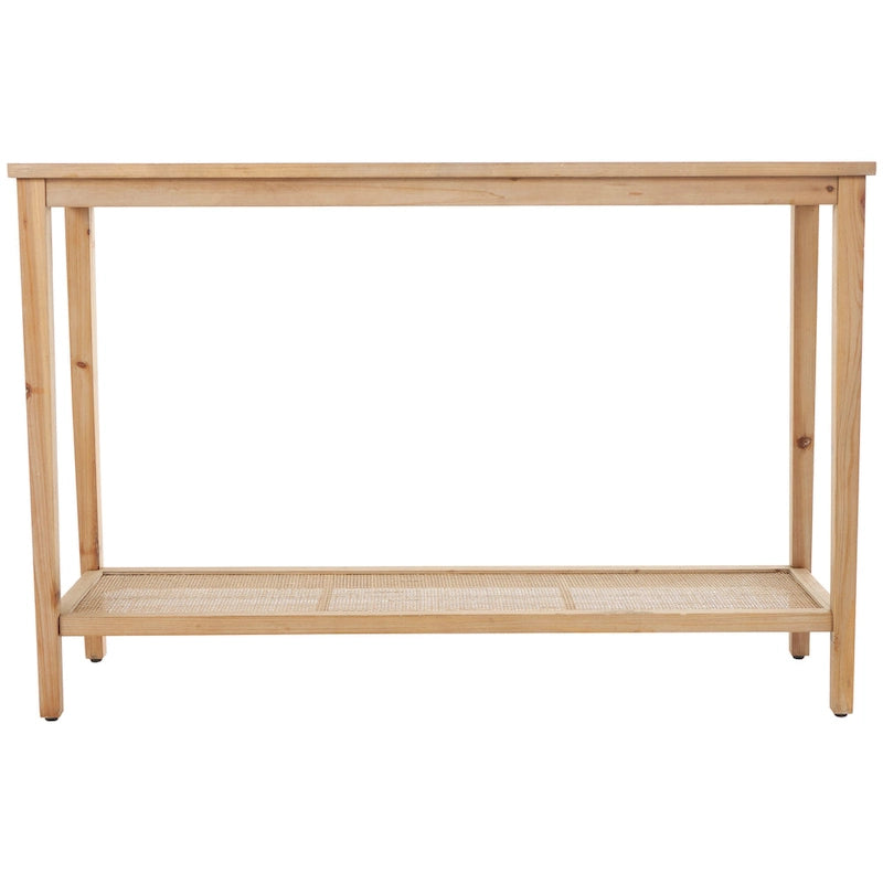 Mesa Consola Delgada de Madera con Tapa de Cristal y Estante de Ratán, 119 cm, Marrón