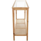 Mesa Consola Delgada de Madera con Tapa de Cristal y Estante de Ratán, 119 cm, Marrón