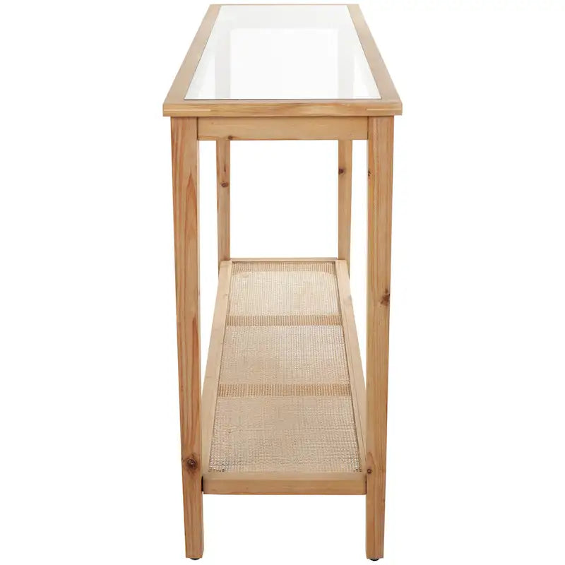 Mesa Consola Delgada de Madera con Tapa de Cristal y Estante de Ratán, 119 cm, Marrón