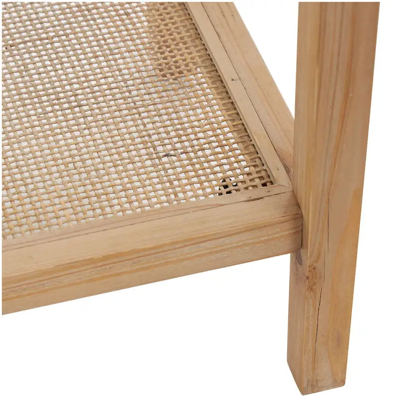 Mesa Consola Delgada de Madera con Tapa de Cristal y Estante de Ratán, 119 cm, Marrón
