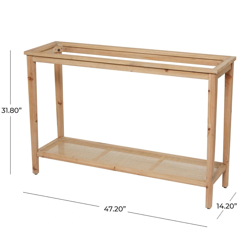 Mesa Consola Delgada de Madera con Tapa de Cristal y Estante de Ratán, 119 cm, Marrón