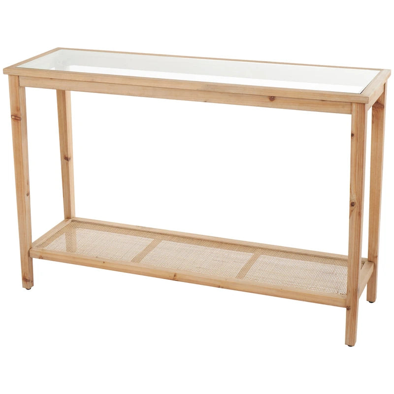 Mesa Consola Delgada de Madera con Tapa de Cristal y Estante de Ratán, 119 cm, Marrón