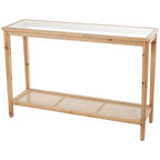 Mesa Consola Delgada de Madera con Tapa de Cristal y Estante de Ratán, 119 cm, Marrón