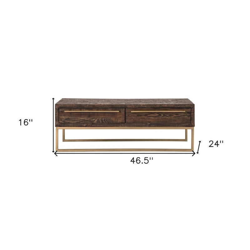Mesa de centro metálica de 47 pulgadas, marrón oscuro y dorada con cajón