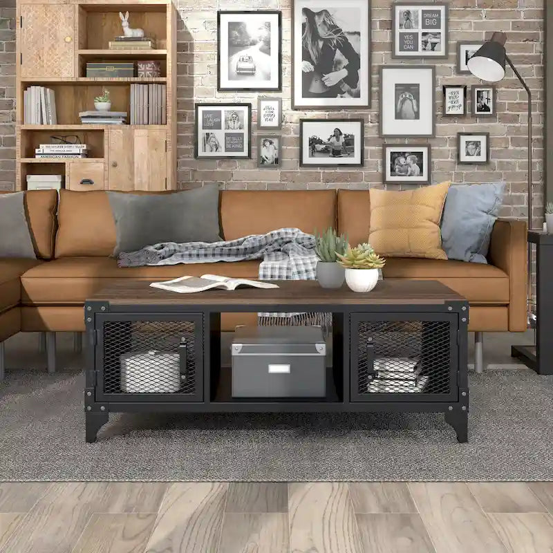 Mesa de centro Conner rústica negra y nogal oscuro de 48 pulgadas de acero con almacenamiento de Furniture of America