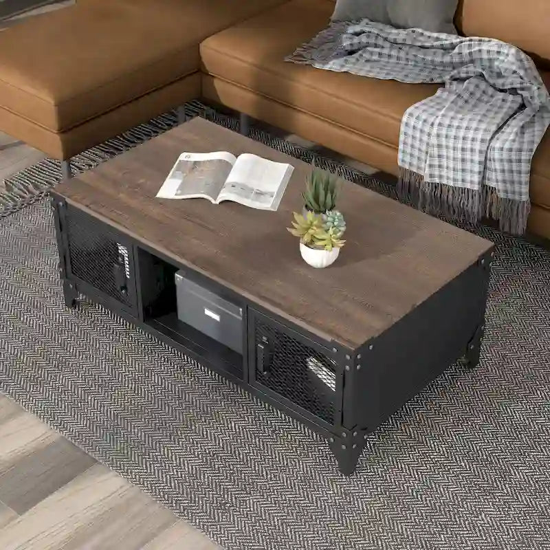 Mesa de centro Conner rústica negra y nogal oscuro de 48 pulgadas de acero con almacenamiento de Furniture of America