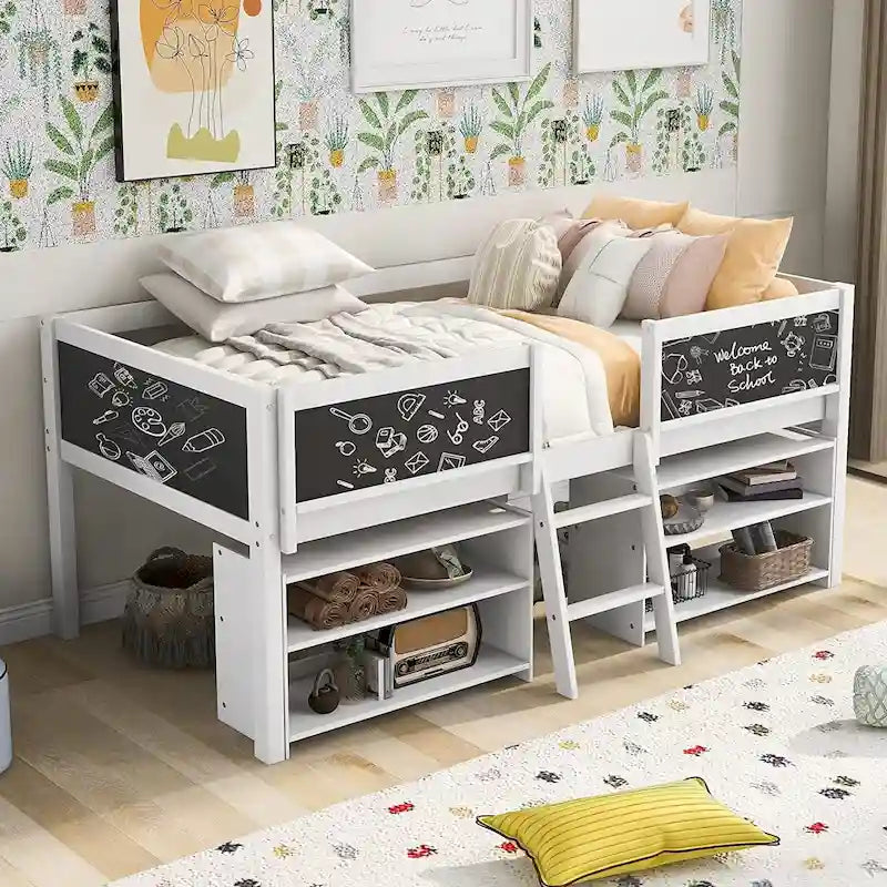 Cama nido baja individual con estantes, escalera y pizarra