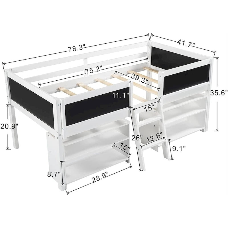 Cama nido baja individual con estantes, escalera y pizarra