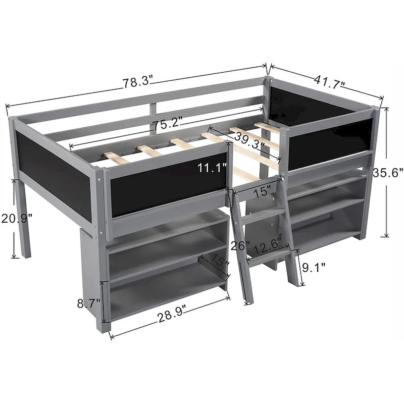 Cama nido baja individual con estantes, escalera y pizarra