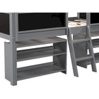 Cama nido baja individual con estantes, escalera y pizarra