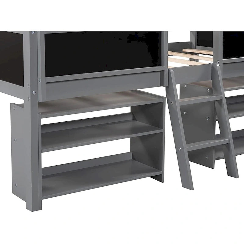 Cama nido baja individual con estantes, escalera y pizarra