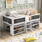 Cama nido baja individual con estantes, escalera y pizarra