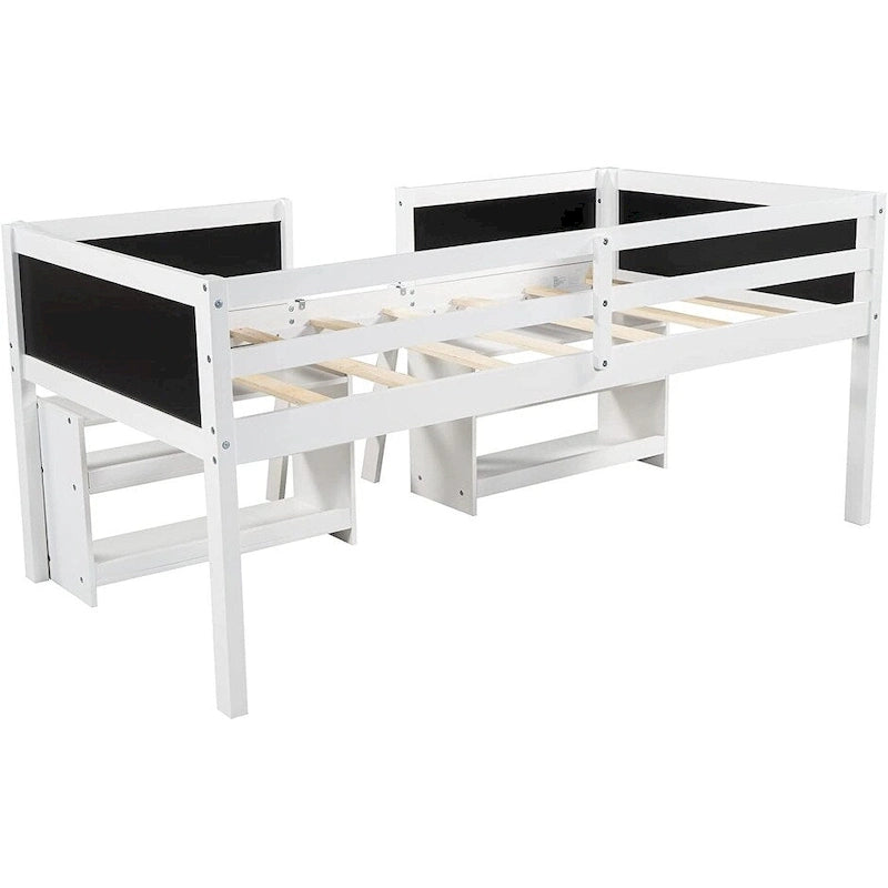 Cama nido baja individual con estantes, escalera y pizarra