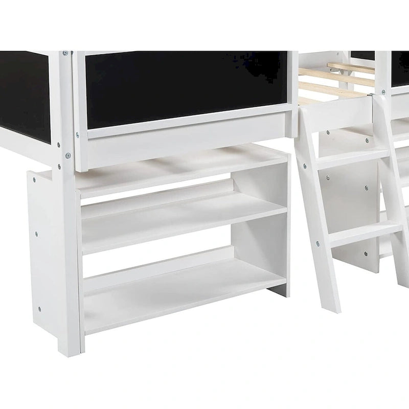 Cama nido baja individual con estantes, escalera y pizarra