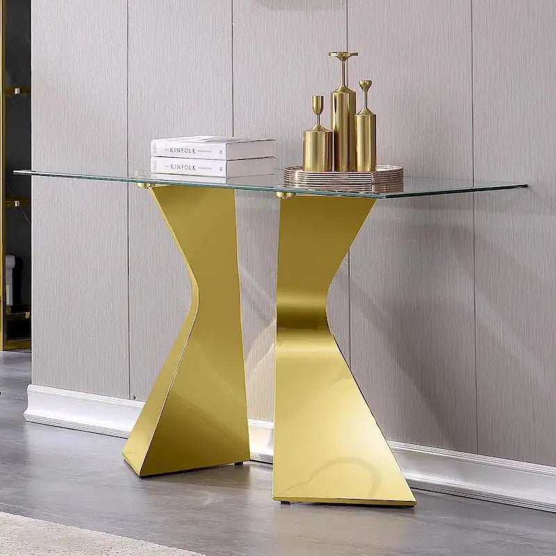 Mesa consola de lujo de 51 pulgadas, rectangular, para sofá, con superficie de vidrio templado rectangular y patas de metal