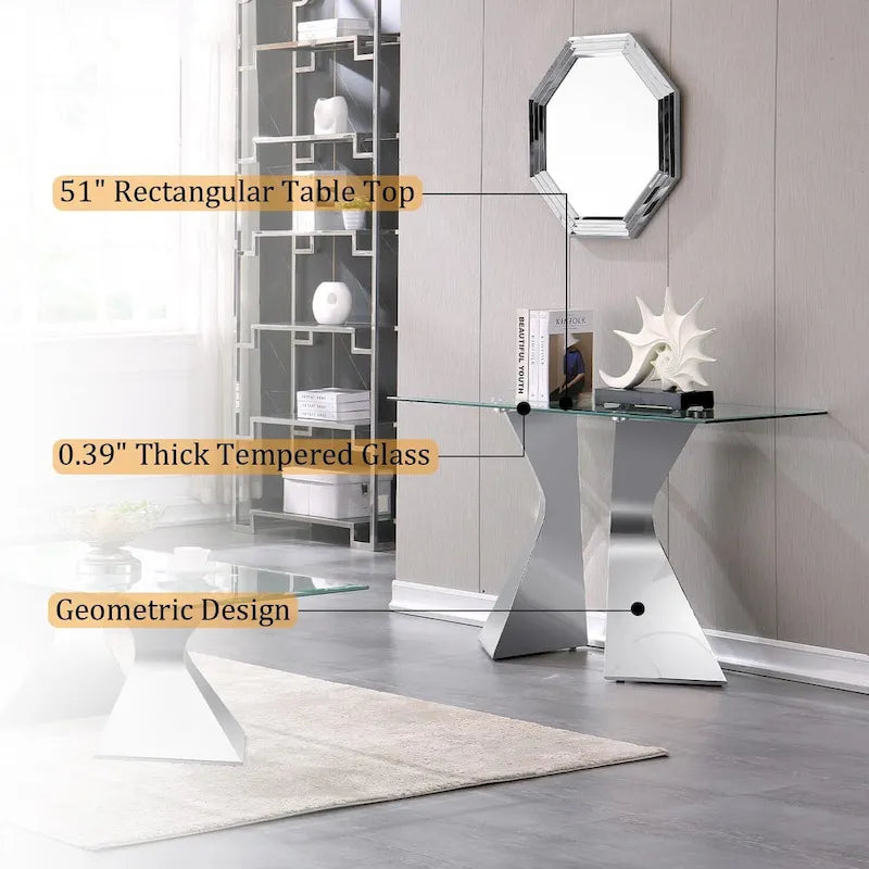Mesa consola de lujo de 51 pulgadas, rectangular, para sofá, con superficie de vidrio templado rectangular y patas de metal