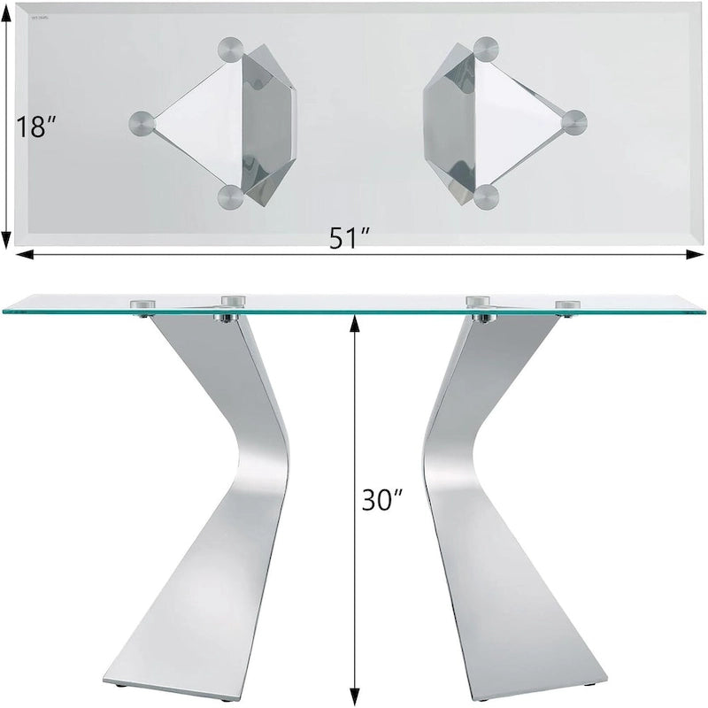 Mesa consola de lujo de 51 pulgadas, rectangular, para sofá, con superficie de vidrio templado rectangular y patas de metal