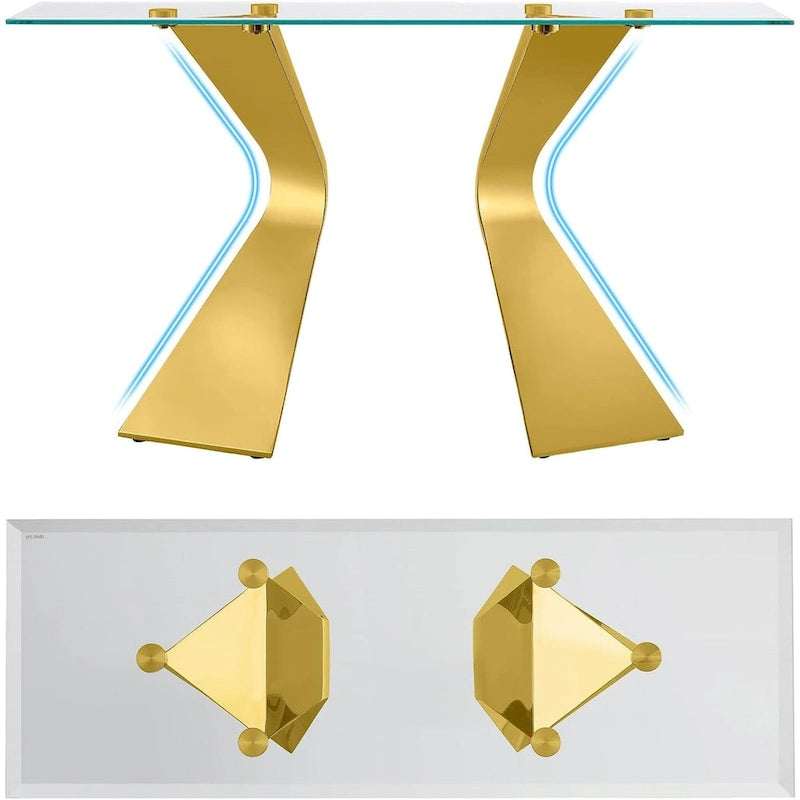 Mesa consola de lujo de 51 pulgadas, rectangular, para sofá, con superficie de vidrio templado rectangular y patas de metal