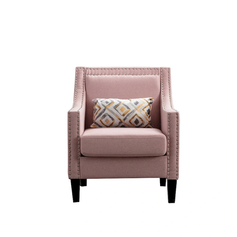 Sillón tapizado en lino con tachuelas y patas de madera maciza