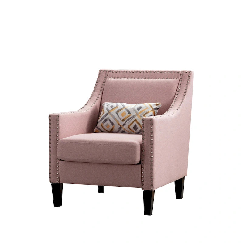 Sillón tapizado en lino con tachuelas y patas de madera maciza
