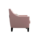 Sillón tapizado en lino con tachuelas y patas de madera maciza