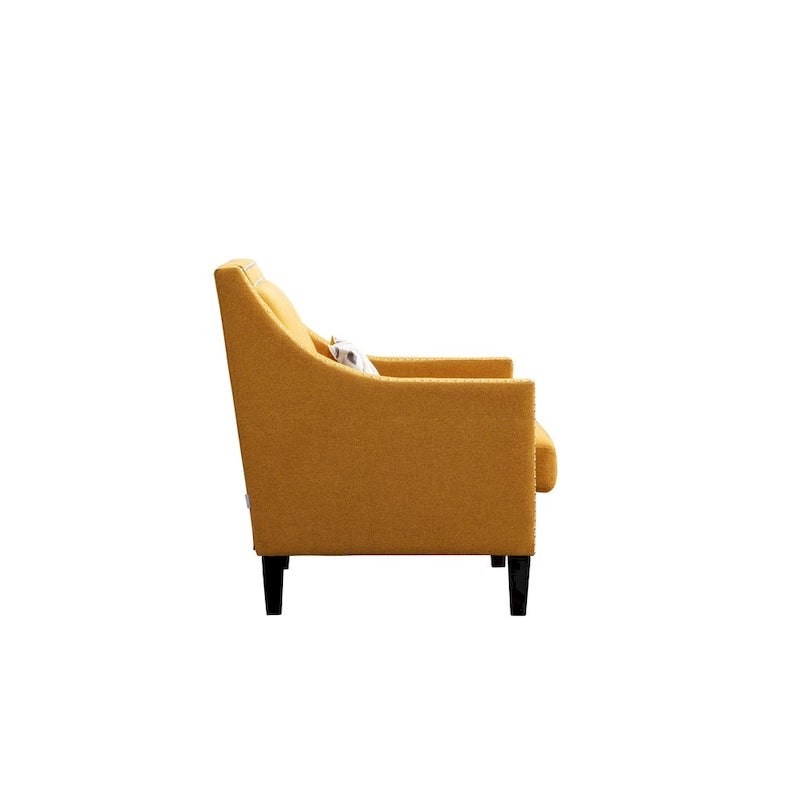 Sillón tapizado en lino con tachuelas y patas de madera maciza