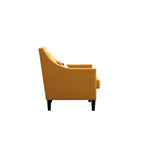 Sillón tapizado en lino con tachuelas y patas de madera maciza