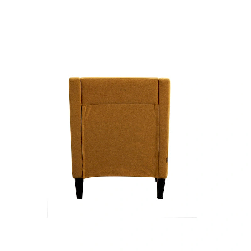 Sillón tapizado en lino con tachuelas y patas de madera maciza