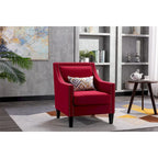 Sillón tapizado en lino con tachuelas y patas de madera maciza