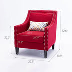 Sillón tapizado en lino con tachuelas y patas de madera maciza
