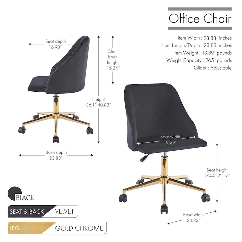 Silla de oficina giratoria de terciopelo con patas cromadas doradas