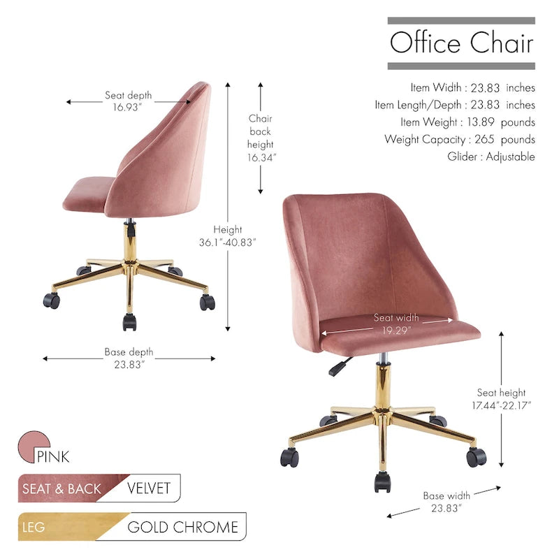 Silla de oficina giratoria de terciopelo con patas cromadas doradas