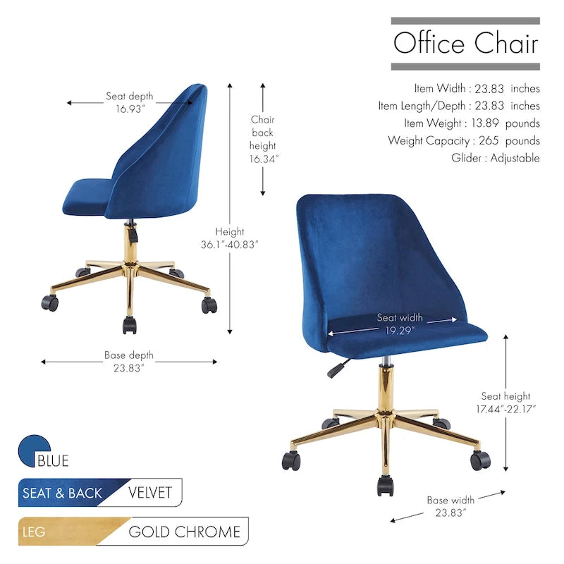Silla de oficina giratoria de terciopelo con patas cromadas doradas