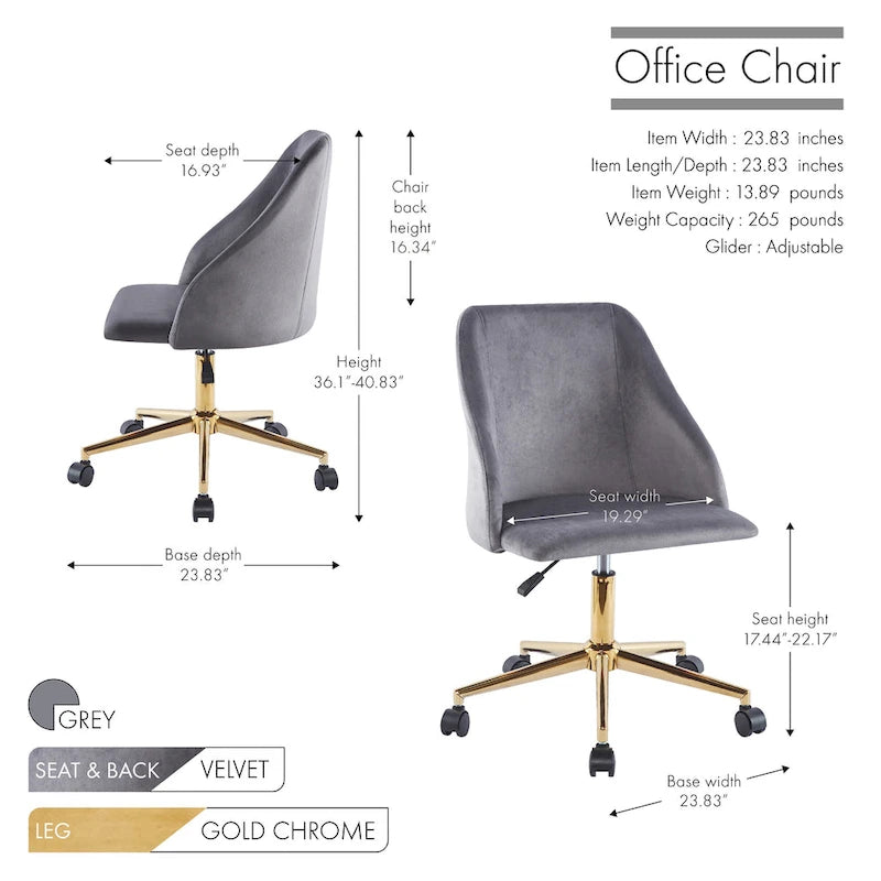 Silla de oficina giratoria de terciopelo con patas cromadas doradas