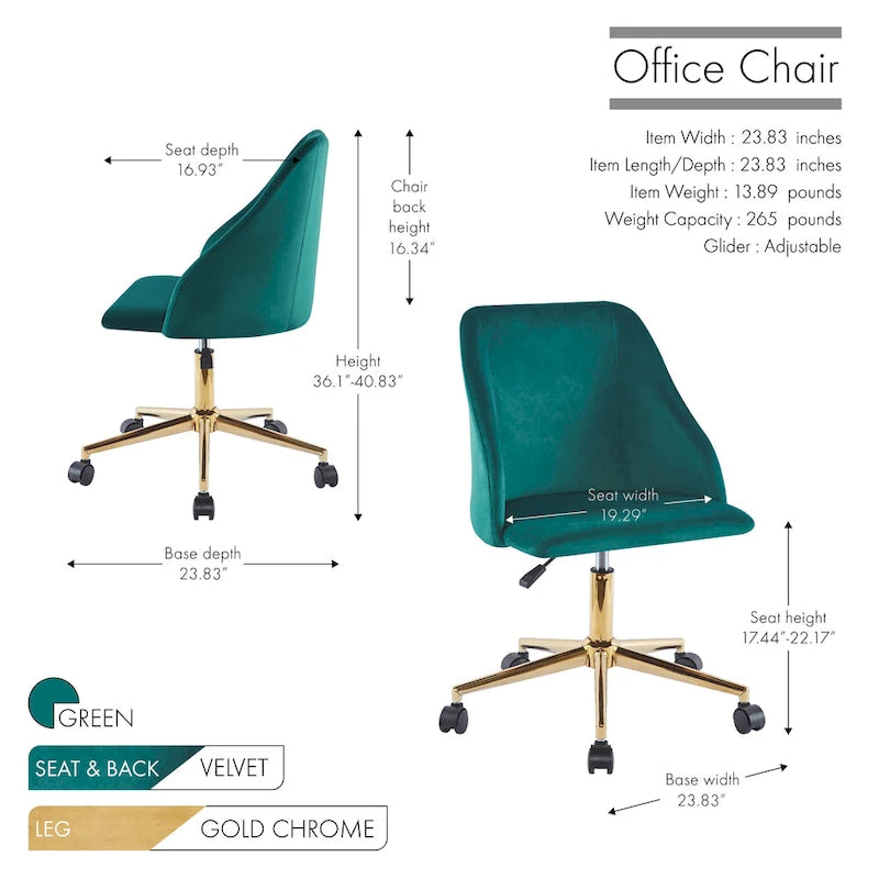 Silla de oficina giratoria de terciopelo con patas cromadas doradas