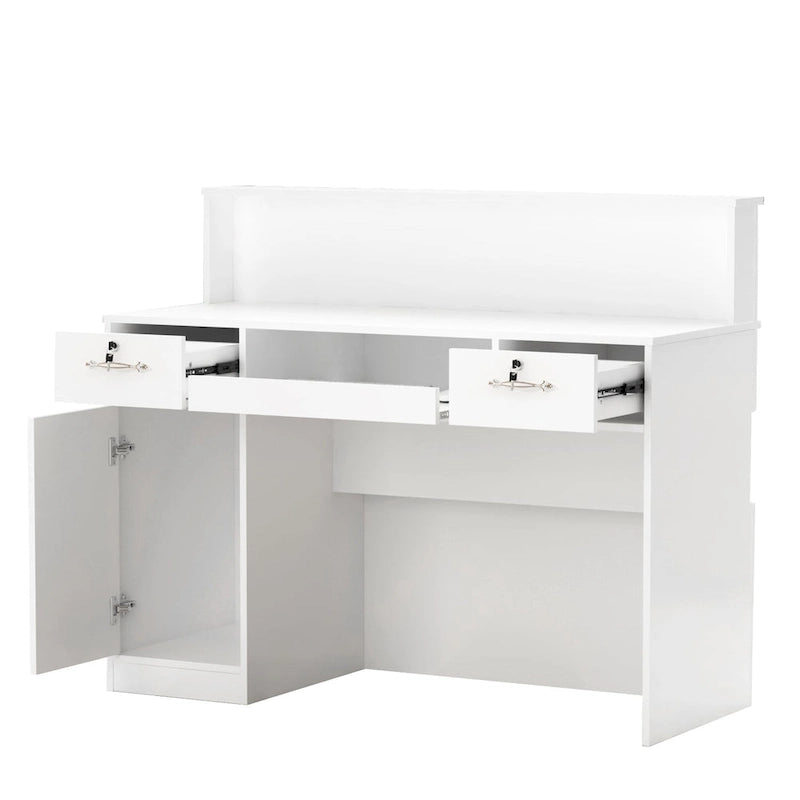Mostrador de recepción rectangular de madera con compartimento iluminado