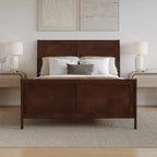 Cama de plataforma de perfil bajo de madera maciza Portland con piecera a juego