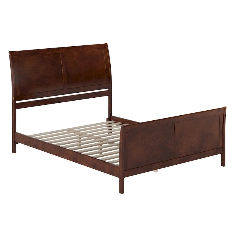 Cama de plataforma de perfil bajo de madera maciza Portland con piecera a juego