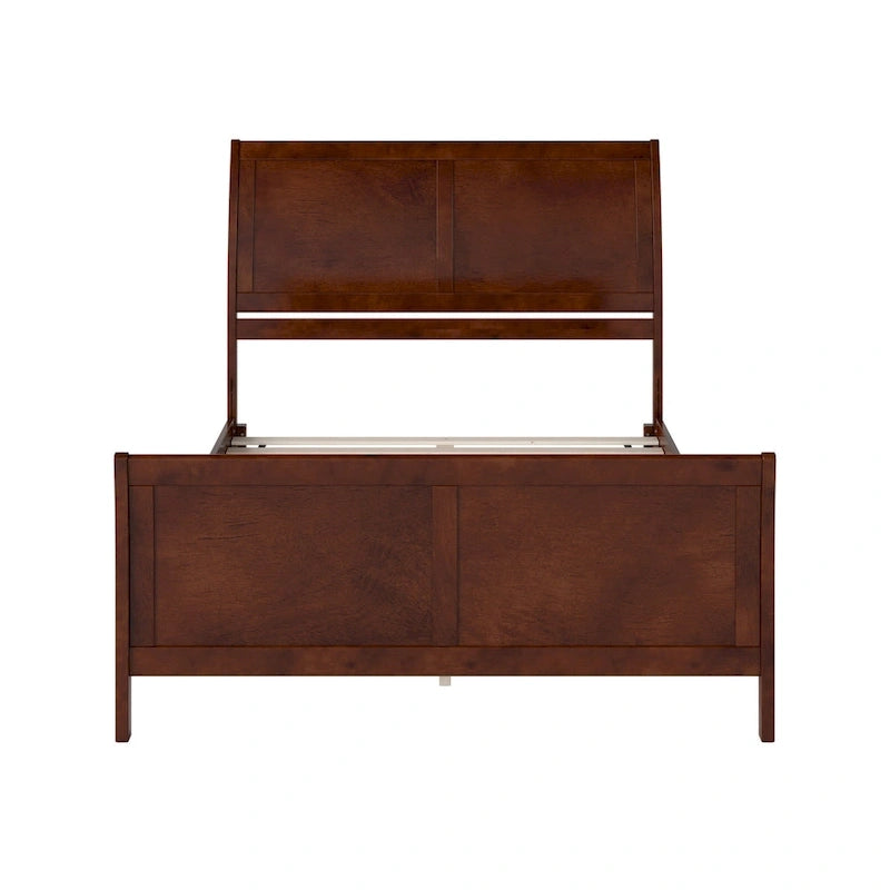 Cama de plataforma de perfil bajo de madera maciza Portland con piecera a juego