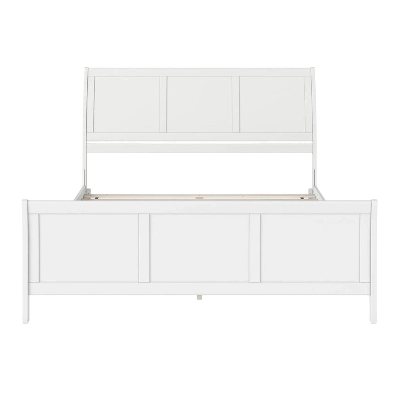 Cama de plataforma de perfil bajo de madera maciza Portland con piecera a juego