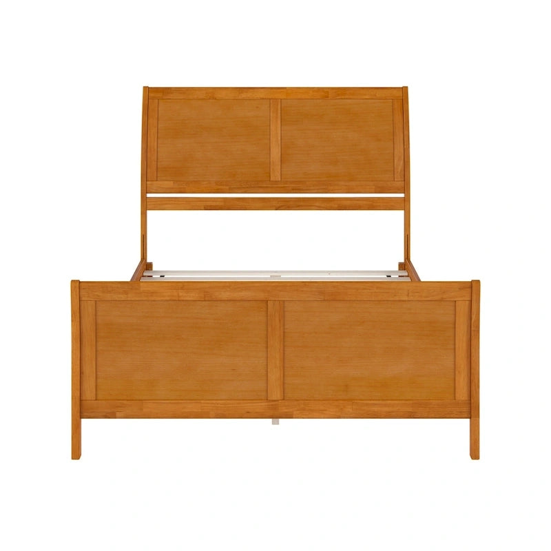 Cama de plataforma de perfil bajo de madera maciza Portland con piecera a juego