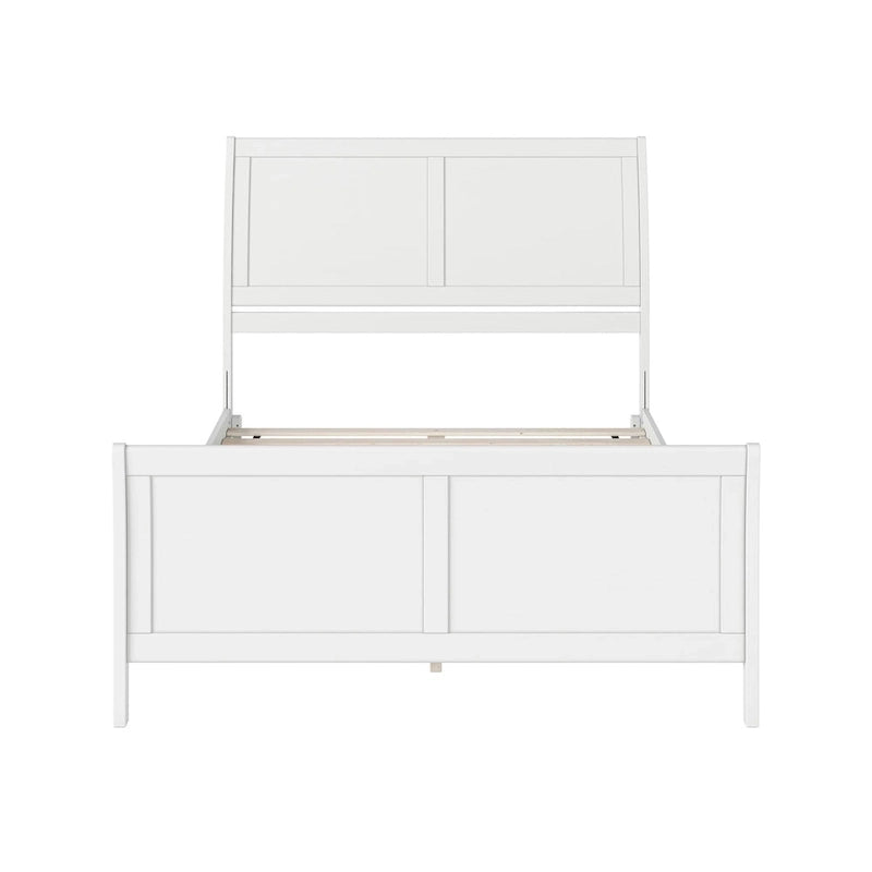 Cama de plataforma de perfil bajo de madera maciza Portland con piecera a juego