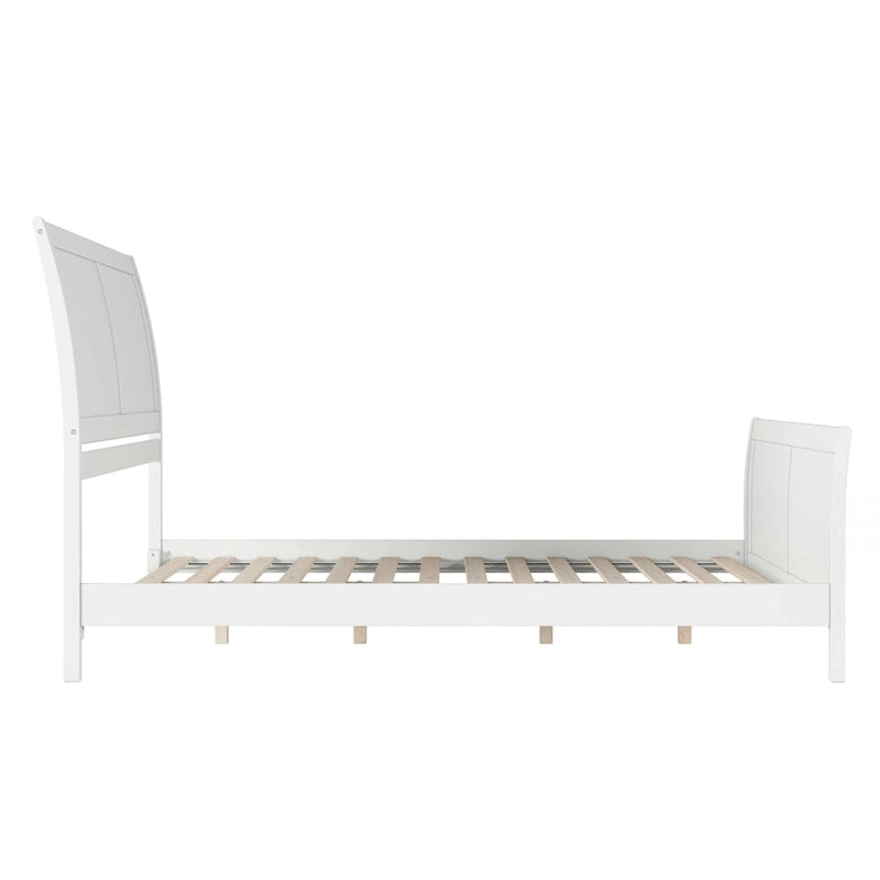 Cama de plataforma de perfil bajo de madera maciza Portland con piecera a juego