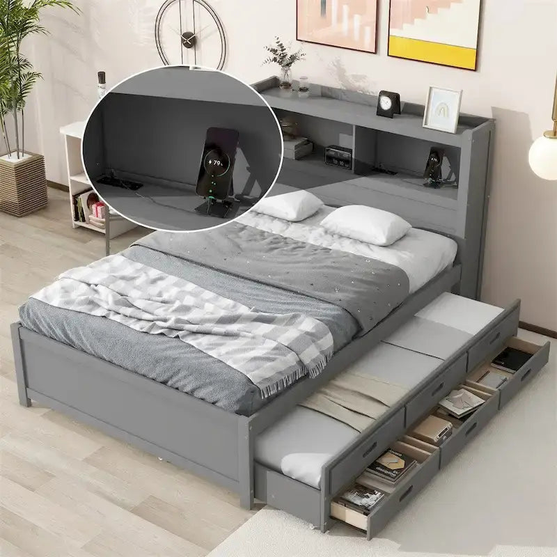 Cama Plataforma Matrimonial con Nido, Cajones y Puertos de Carga USB